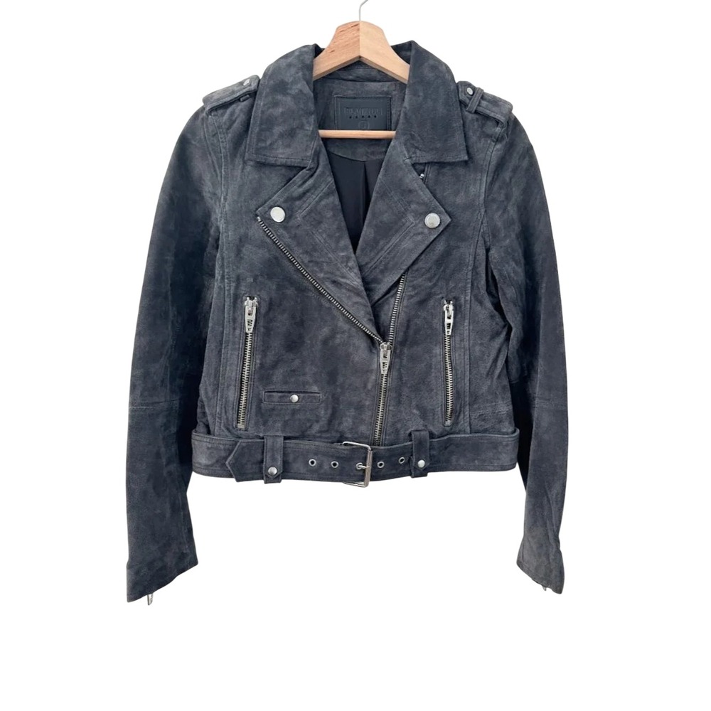 BLANKNYC Suede Moto Jacket Womens S Gray Leather Biker Cropped Belted Zip Coat - Picture 2 of 8